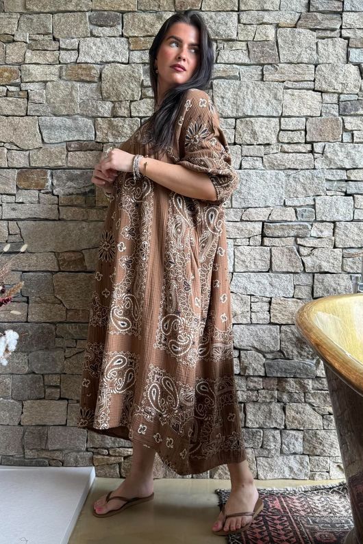 Kasbah Bubble Cotton Bandana Peasant Dress Hazelnut